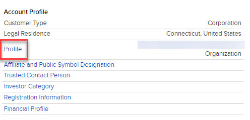The account profile panel in org portal. 